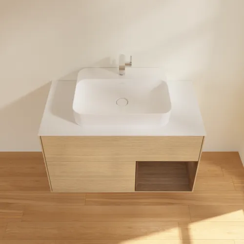 Bild von VILLEROY BOCH Finion Waschbeckenunterschrank, mit Beleuchtung, 2 Auszüge, 1000 x 603 x 501 mm, Oak Veneer / Walnut Veneer / Glass White Matt #G371GNPC