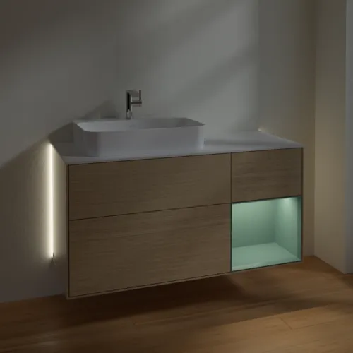 Bild von VILLEROY BOCH Finion Waschbeckenunterschrank, mit Beleuchtung, 3 Auszüge, 1200 x 603 x 501 mm, Oak Veneer / Olive Matt Lacquer / Glass White Matt #G401GMPC
