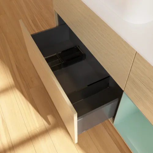 Bild von VILLEROY BOCH Finion Waschbeckenunterschrank, mit Beleuchtung, 3 Auszüge, 1200 x 603 x 501 mm, Oak Veneer / Olive Matt Lacquer / Glass White Matt #G401GMPC