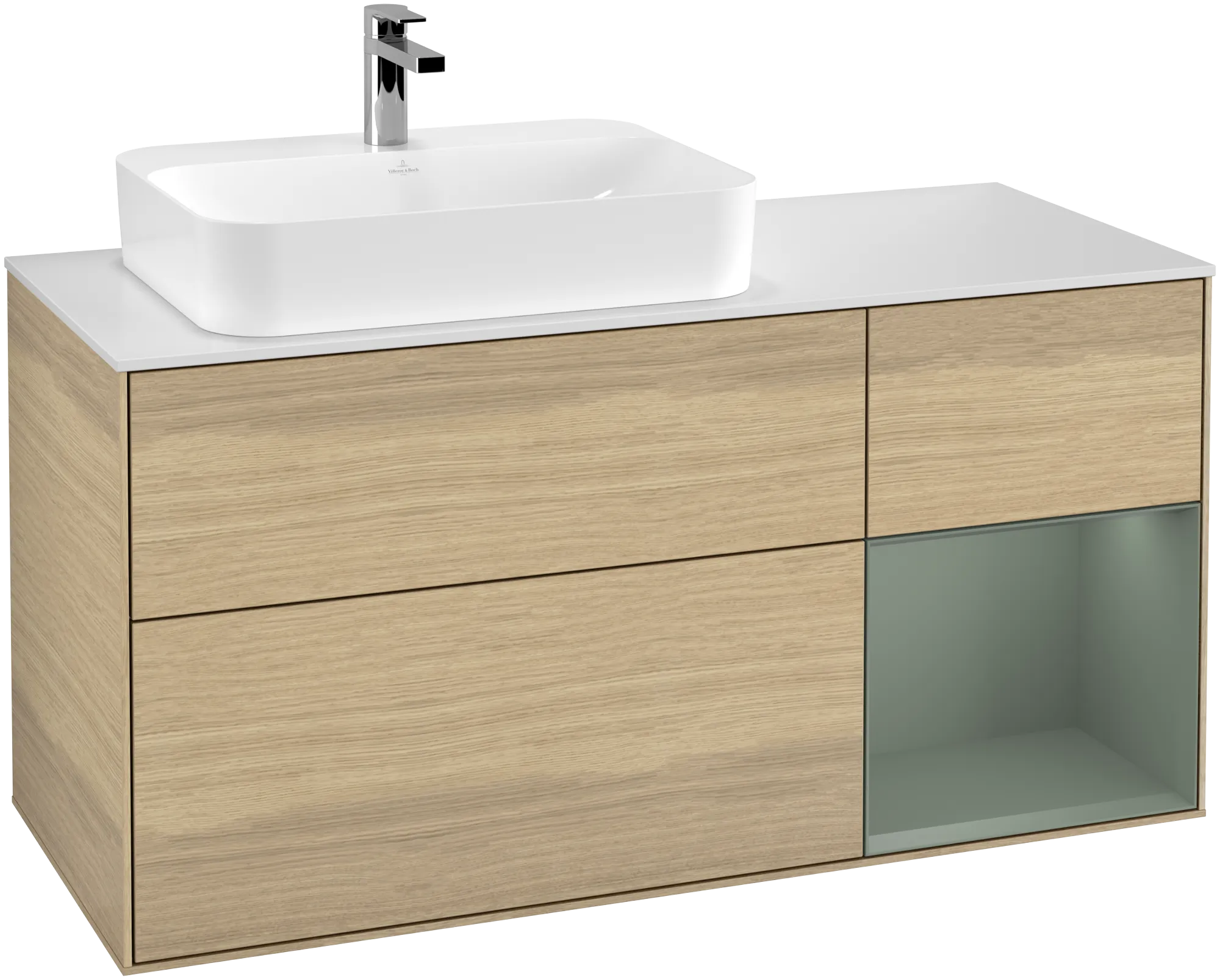 Bild von VILLEROY BOCH Finion Waschbeckenunterschrank, mit Beleuchtung, 3 Auszüge, 1200 x 603 x 501 mm, Oak Veneer / Olive Matt Lacquer / Glass White Matt #G401GMPC