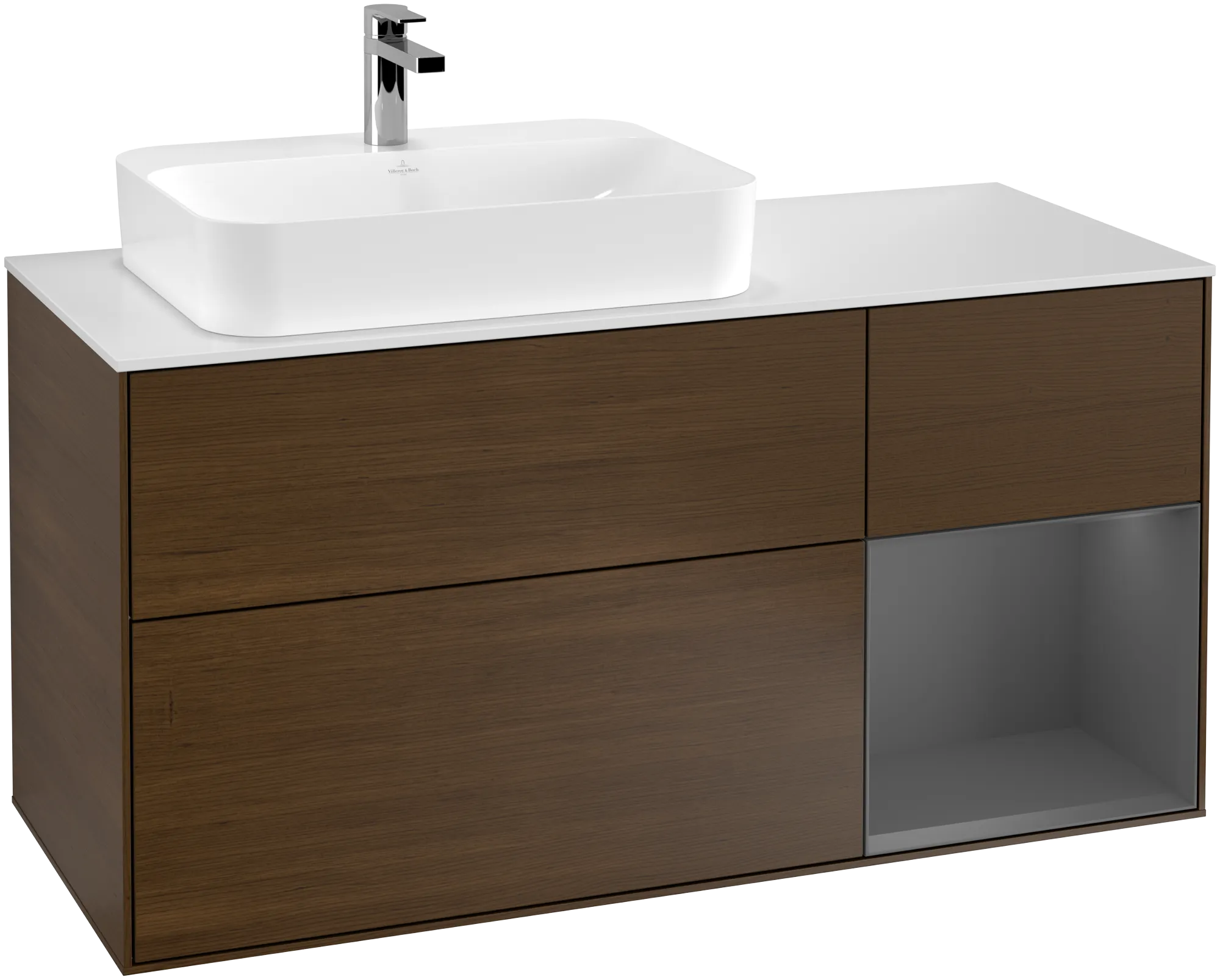 Bild von VILLEROY BOCH Finion Waschbeckenunterschrank, mit Beleuchtung, 3 Auszüge, 1200 x 603 x 501 mm, Walnut Veneer / Anthracite Matt Lacquer / Glass White Matt #G401GKGN