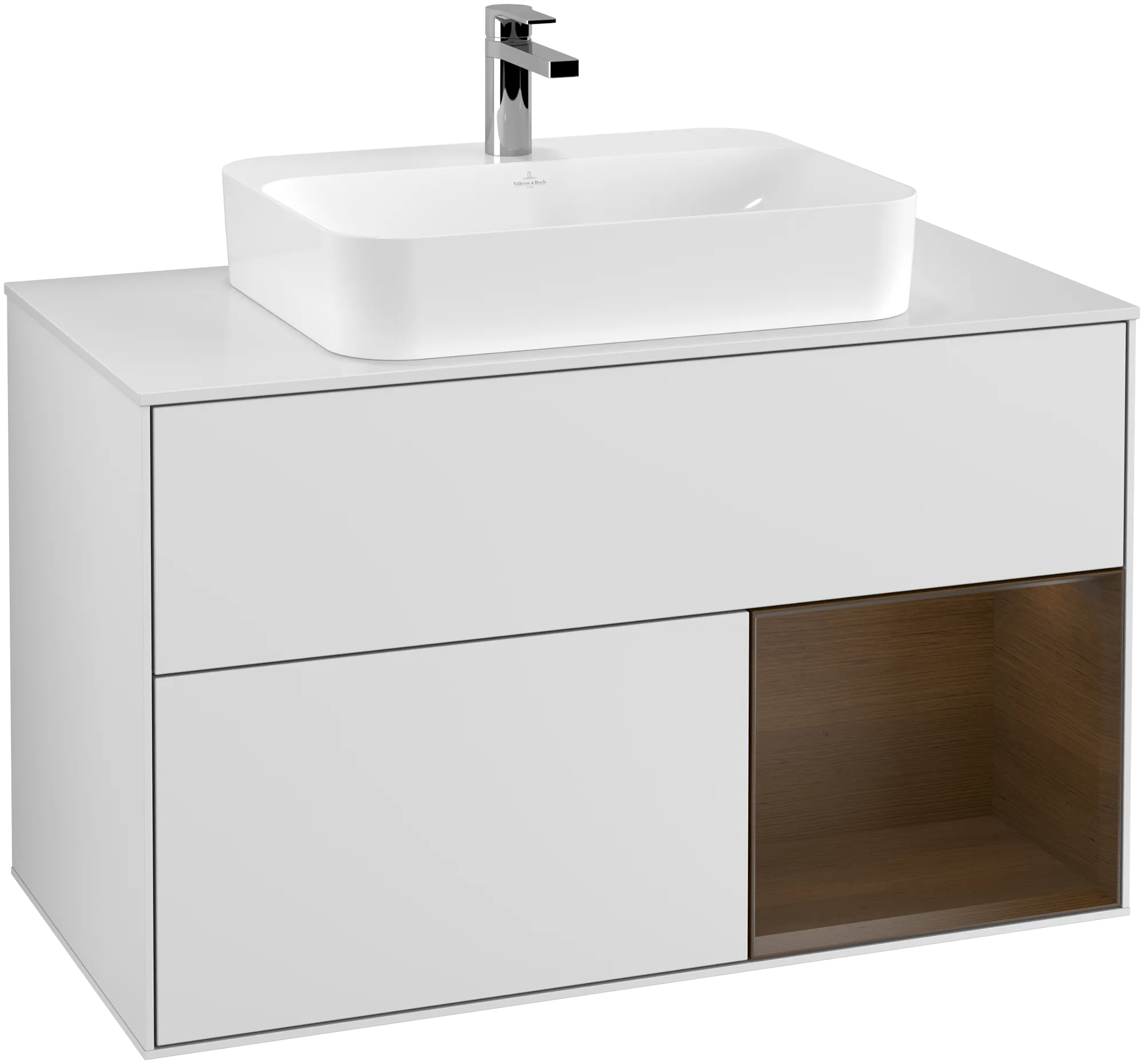 Bild von VILLEROY BOCH Finion Waschbeckenunterschrank, mit Beleuchtung, 2 Auszüge, 1000 x 603 x 501 mm, White Matt Lacquer / Walnut Veneer / Glass White Matt #G371GNMT