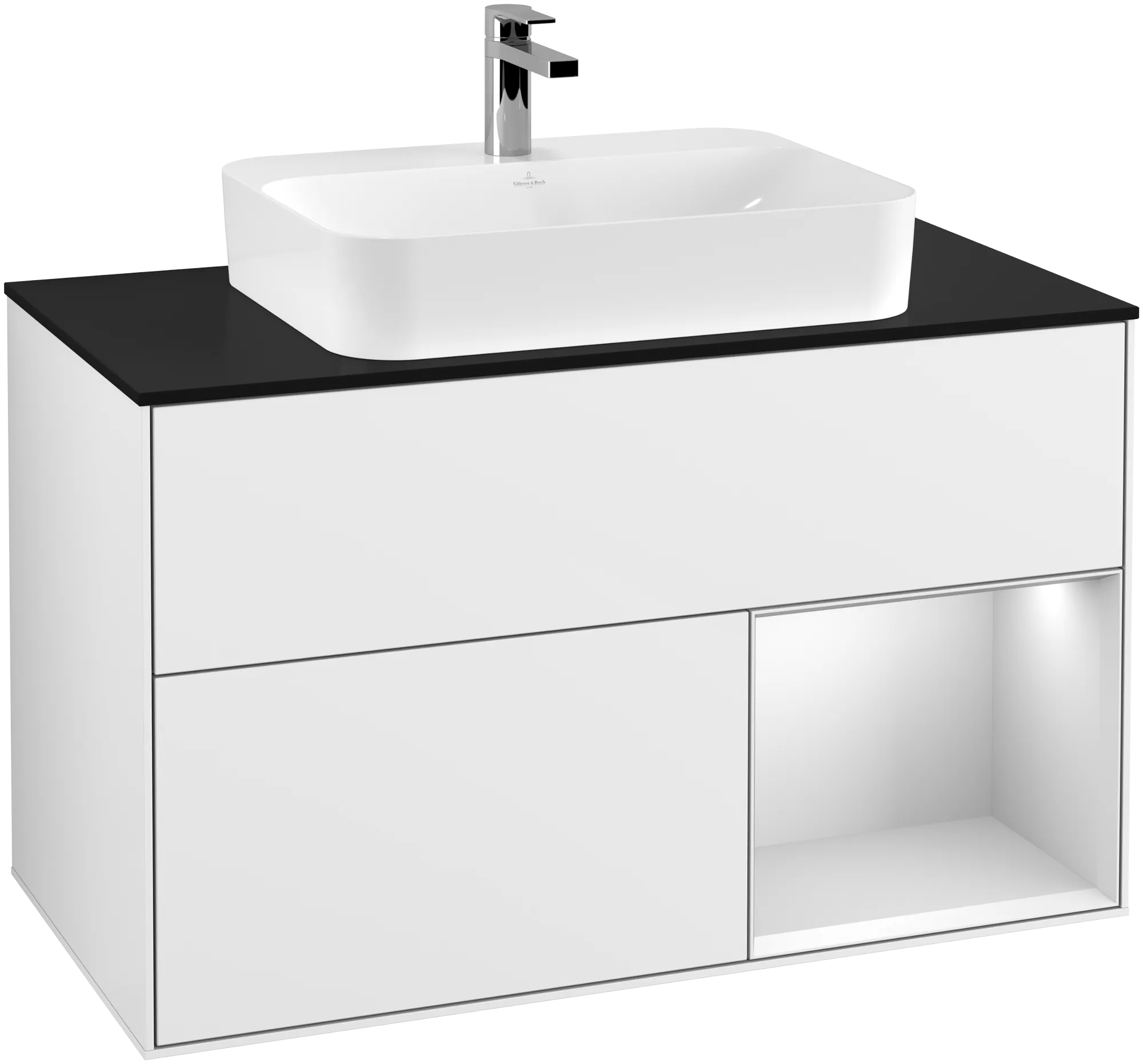 Bild von VILLEROY BOCH Finion Waschbeckenunterschrank, mit Beleuchtung, 2 Auszüge, 1000 x 603 x 501 mm, Glossy White Lacquer / White Matt Lacquer / Glass Black Matt #G372MTGF