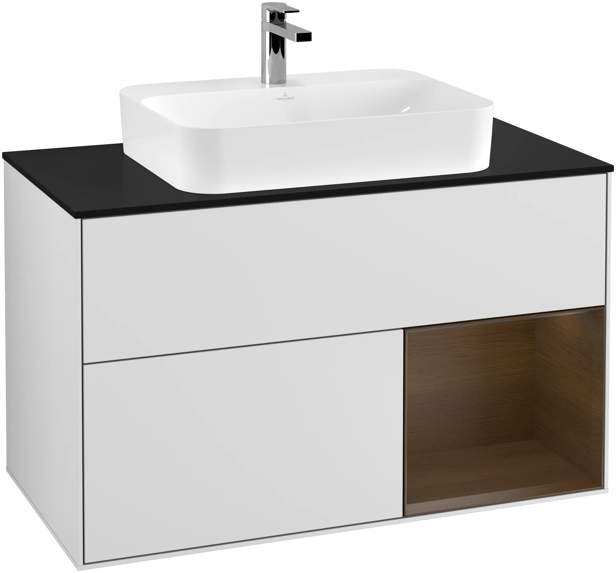 Bild von VILLEROY BOCH Finion Waschbeckenunterschrank, mit Beleuchtung, 2 Auszüge, 1000 x 603 x 501 mm, White Matt Lacquer / Walnut Veneer / Glass Black Matt #G372GNMT