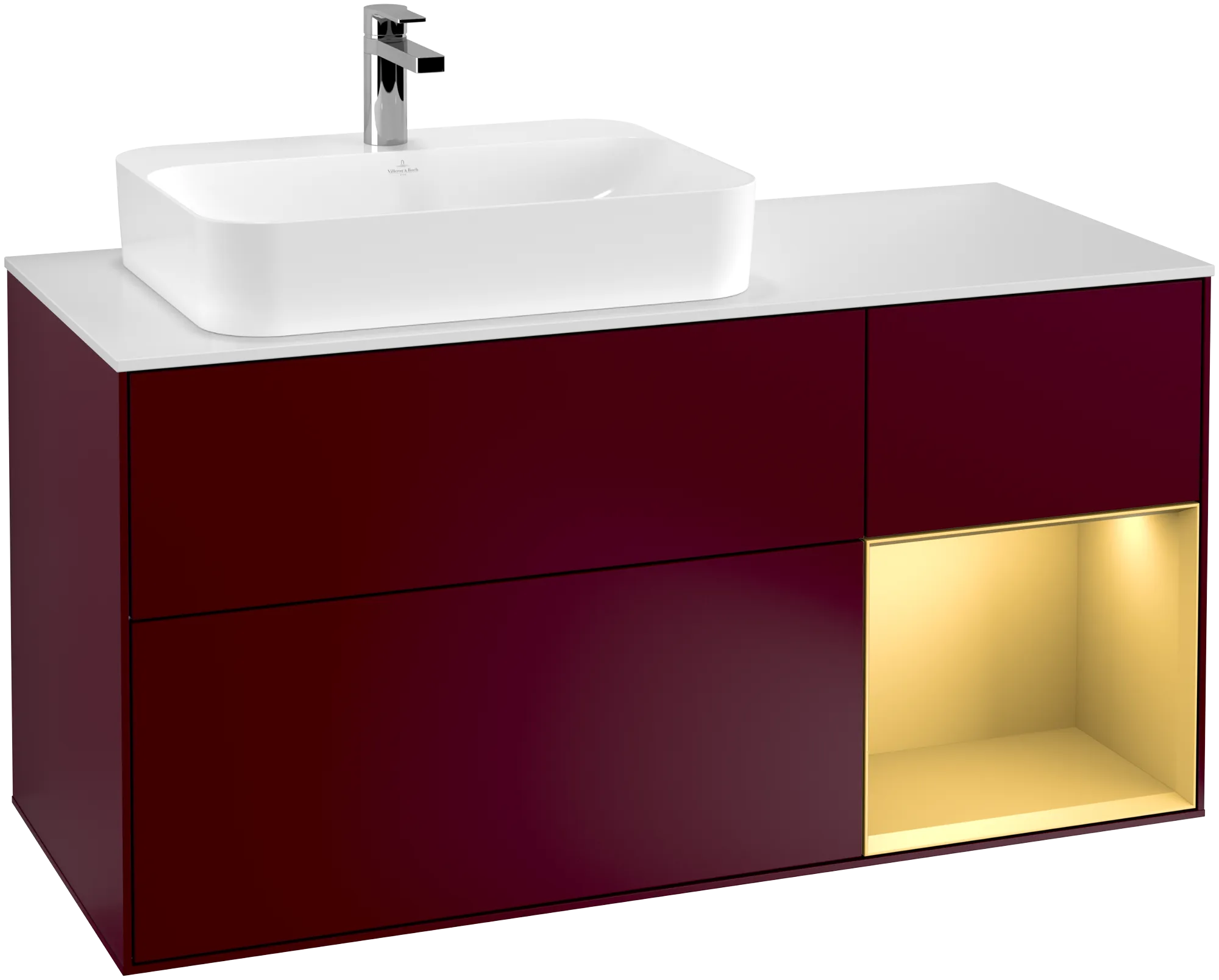 Bild von VILLEROY BOCH Finion Waschbeckenunterschrank, mit Beleuchtung, 3 Auszüge, 1200 x 603 x 501 mm, Peony Matt Lacquer / Gold Matt Lacquer / Glass White Matt #G401HFHB