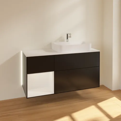Bild von VILLEROY BOCH Finion Waschbeckenunterschrank, mit Beleuchtung, 3 Auszüge, 1200 x 603 x 501 mm, Black Matt Lacquer / Glossy White Lacquer / Glass White Matt #G391GFPD