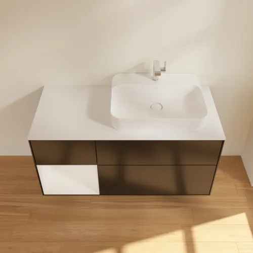 Bild von VILLEROY BOCH Finion Waschbeckenunterschrank, mit Beleuchtung, 3 Auszüge, 1200 x 603 x 501 mm, Black Matt Lacquer / Glossy White Lacquer / Glass White Matt #G391GFPD