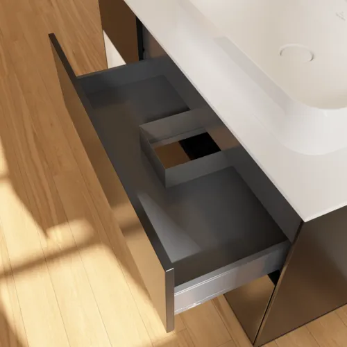 Bild von VILLEROY BOCH Finion Waschbeckenunterschrank, mit Beleuchtung, 3 Auszüge, 1200 x 603 x 501 mm, Black Matt Lacquer / Glossy White Lacquer / Glass White Matt #G391GFPD