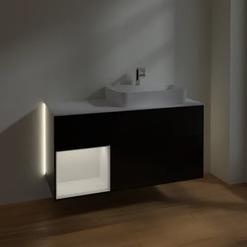 Bild von VILLEROY BOCH Finion Waschbeckenunterschrank, mit Beleuchtung, 3 Auszüge, 1200 x 603 x 501 mm, Black Matt Lacquer / Glossy White Lacquer / Glass White Matt #G391GFPD