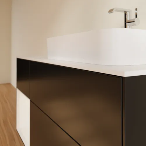 Bild von VILLEROY BOCH Finion Waschbeckenunterschrank, mit Beleuchtung, 3 Auszüge, 1200 x 603 x 501 mm, Black Matt Lacquer / Glossy White Lacquer / Glass White Matt #G391GFPD
