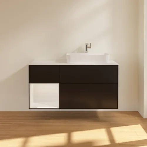 Bild von VILLEROY BOCH Finion Waschbeckenunterschrank, mit Beleuchtung, 3 Auszüge, 1200 x 603 x 501 mm, Black Matt Lacquer / Glossy White Lacquer / Glass White Matt #G391GFPD