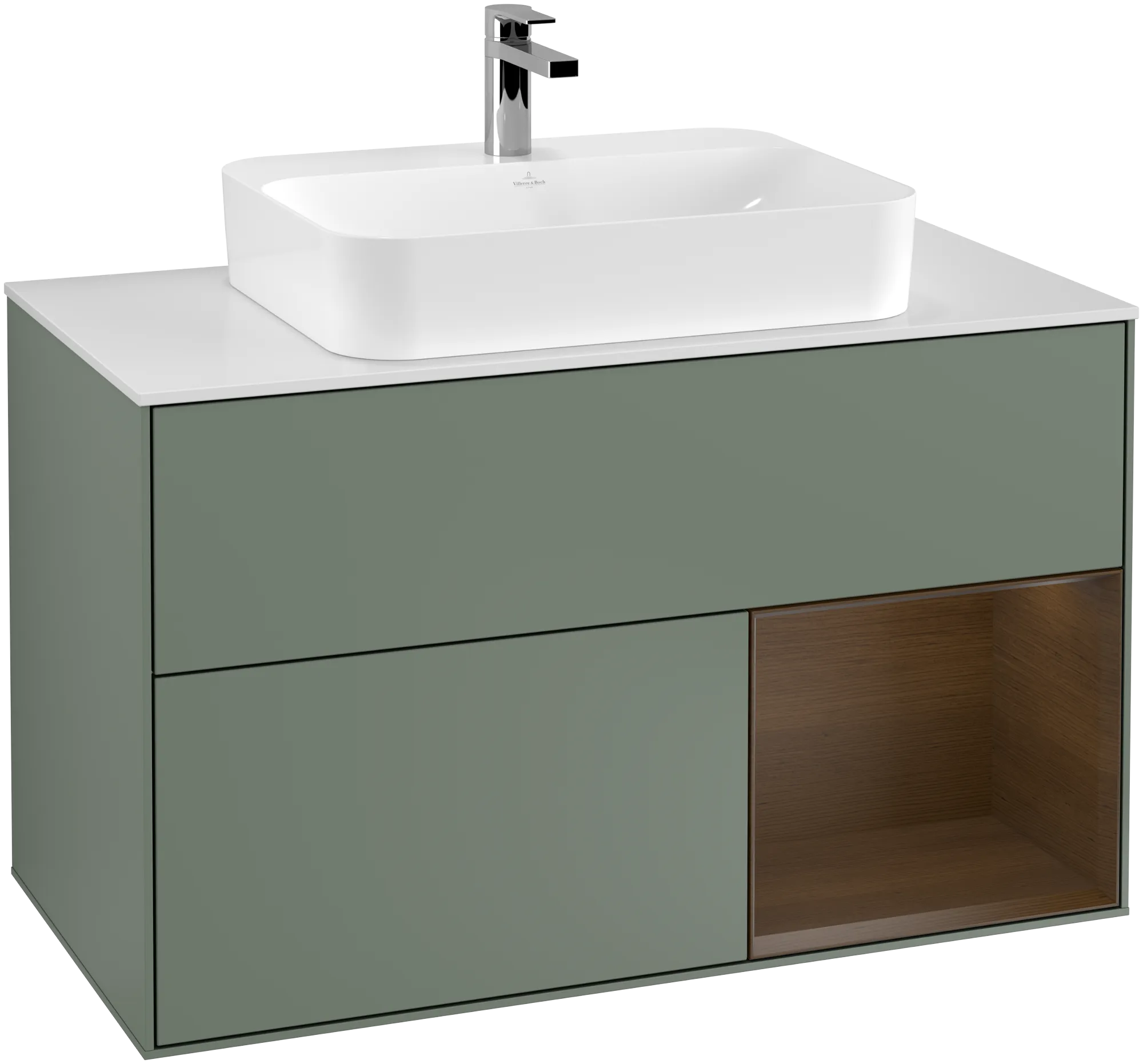 Bild von VILLEROY BOCH Finion Waschbeckenunterschrank, mit Beleuchtung, 2 Auszüge, 1000 x 603 x 501 mm, Olive Matt Lacquer / Walnut Veneer / Glass White Matt #G371GNGM