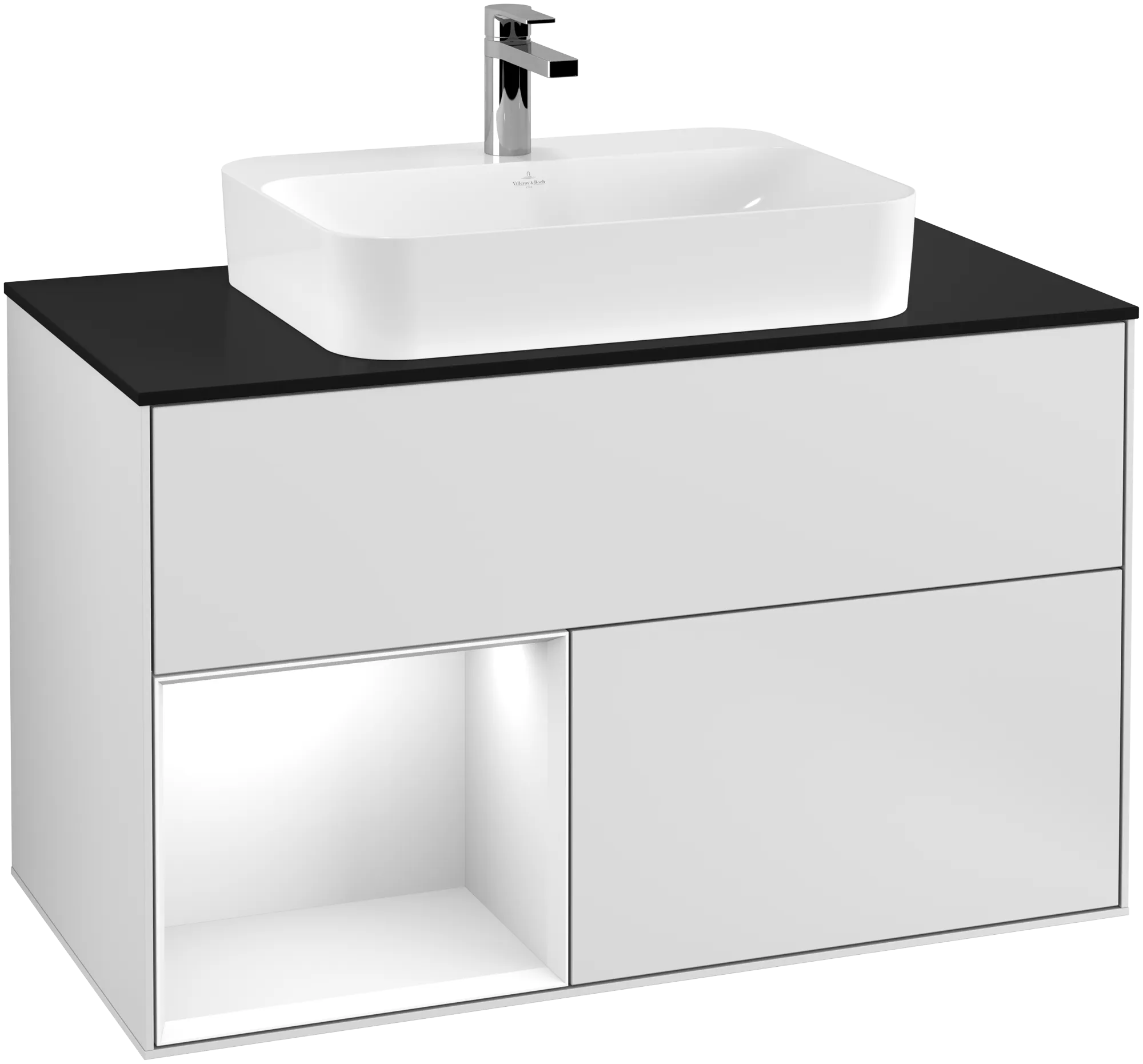 Bild von VILLEROY BOCH Finion Waschbeckenunterschrank, mit Beleuchtung, 2 Auszüge, 1000 x 603 x 501 mm, White Matt Lacquer / Glossy White Lacquer / Glass Black Matt #G362GFMT