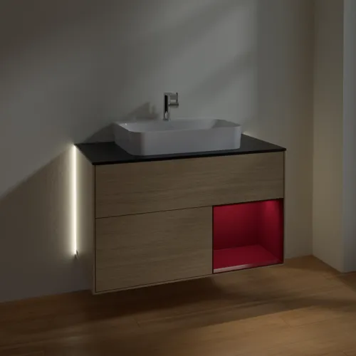 Obrázek VILLEROY BOCH Finion Vanity unit, with lighting, 2 pull-out compartments, 1000 x 603 x 501 mm, Oak Veneer / Peony Matt Lacquer / Glass Black Matt #G372HBPC