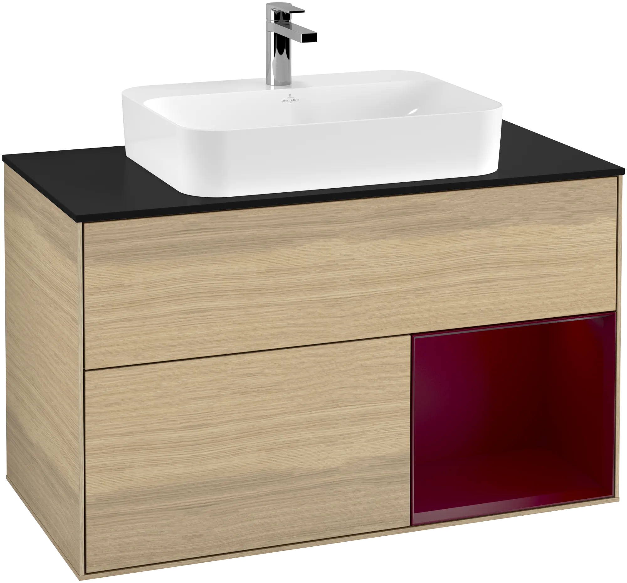 Bild von VILLEROY BOCH Finion Waschbeckenunterschrank, mit Beleuchtung, 2 Auszüge, 1000 x 603 x 501 mm, Oak Veneer / Peony Matt Lacquer / Glass Black Matt #G372HBPC