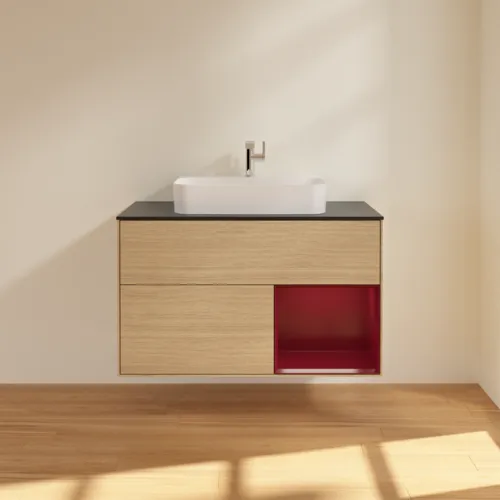Obrázek VILLEROY BOCH Finion Vanity unit, with lighting, 2 pull-out compartments, 1000 x 603 x 501 mm, Oak Veneer / Peony Matt Lacquer / Glass Black Matt #G372HBPC