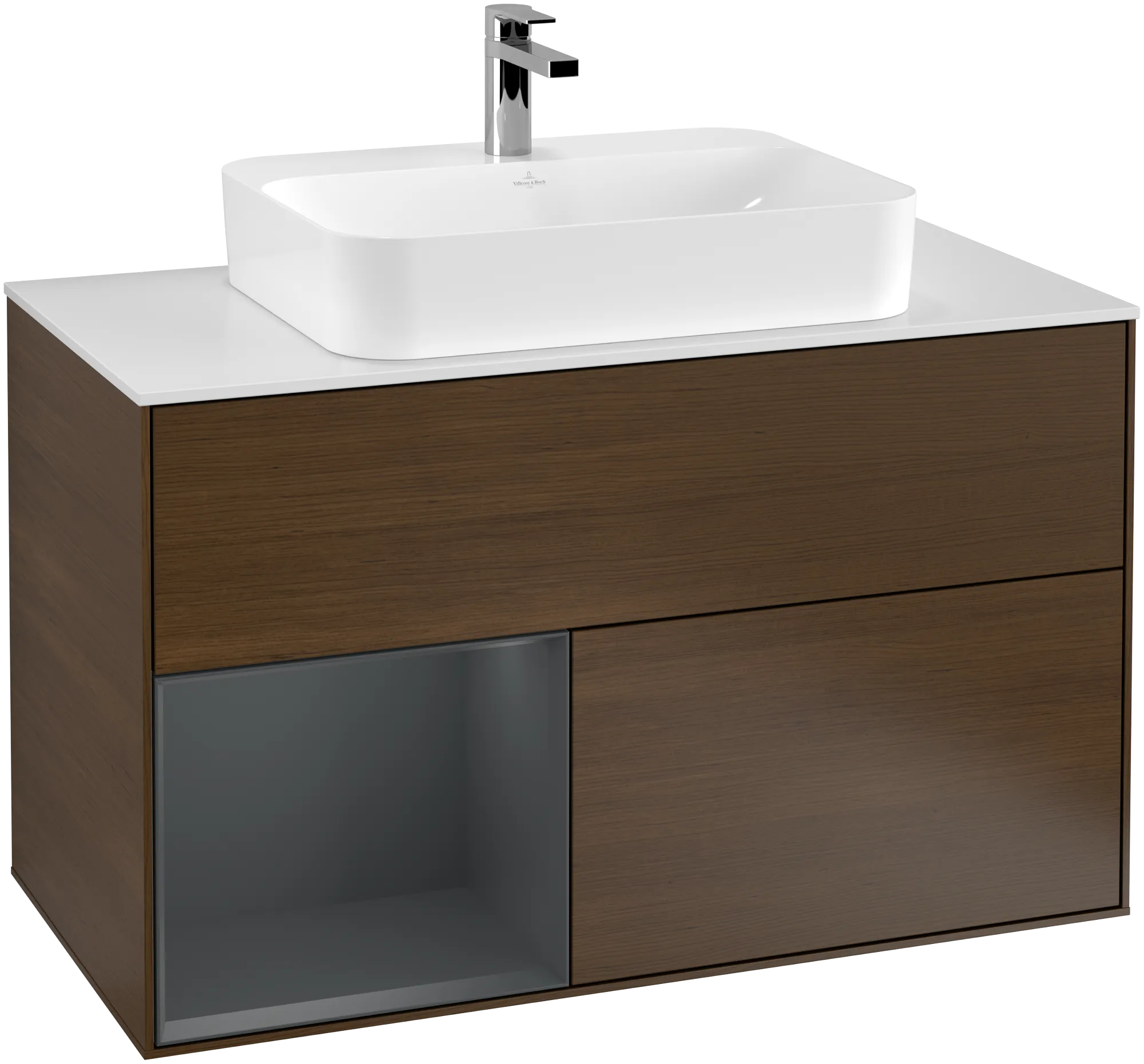 Bild von VILLEROY BOCH Finion Waschbeckenunterschrank, mit Beleuchtung, 2 Auszüge, 1000 x 603 x 501 mm, Walnut Veneer / Midnight Blue Matt Lacquer / Glass White Matt #G361HGGN