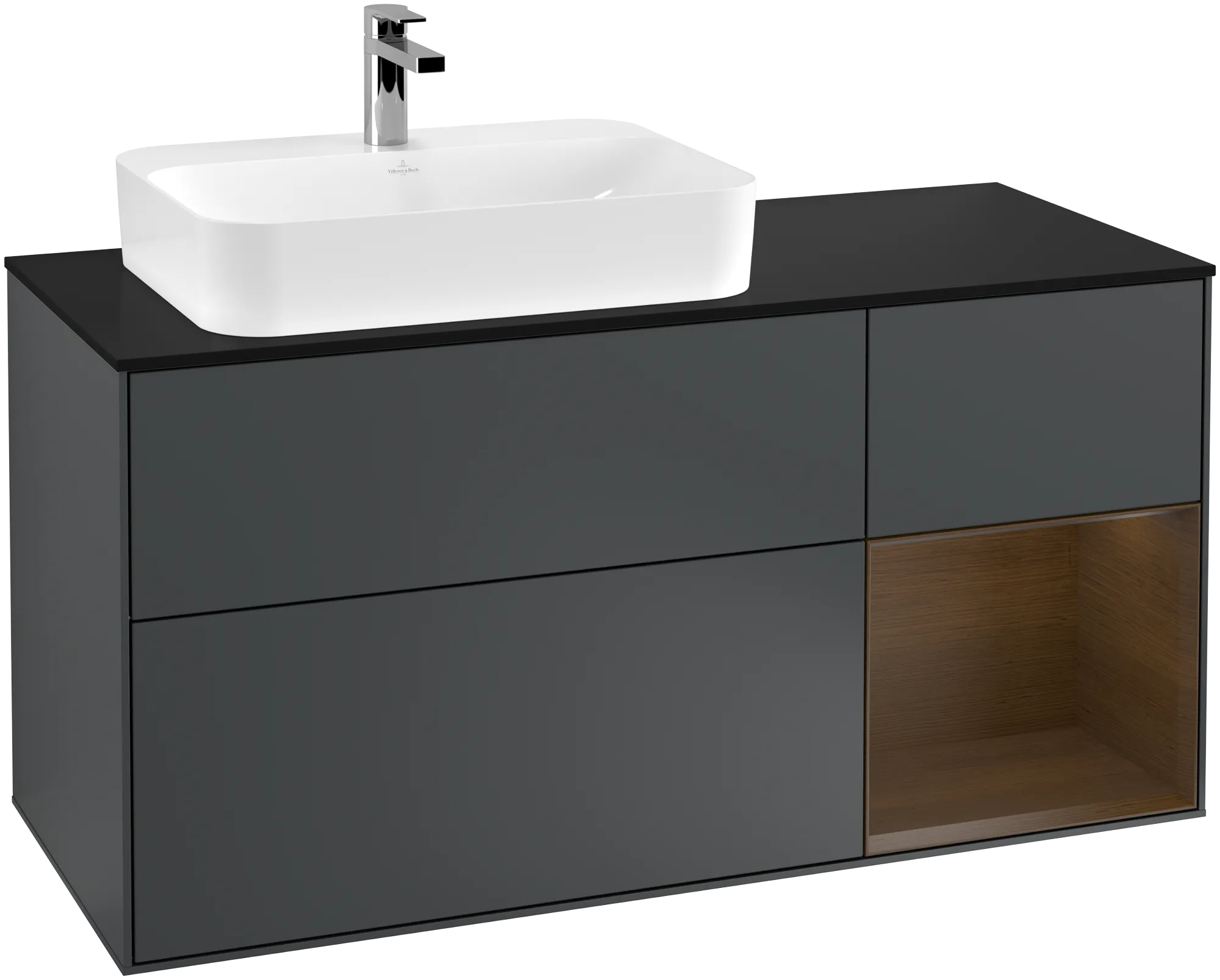 Bild von VILLEROY BOCH Finion Waschbeckenunterschrank, mit Beleuchtung, 3 Auszüge, 1200 x 603 x 501 mm, Midnight Blue Matt Lacquer / Walnut Veneer / Glass Black Matt #G402GNHG
