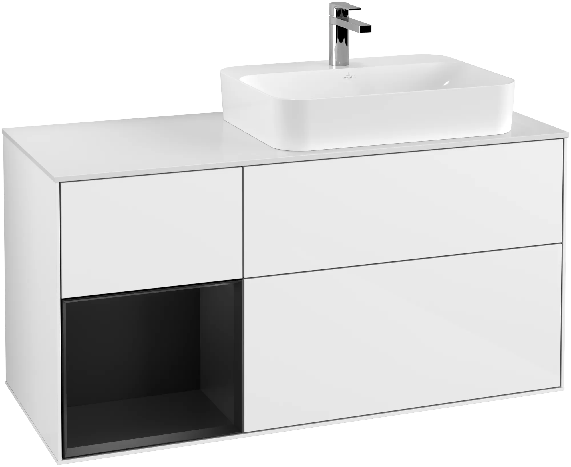 Bild von VILLEROY BOCH Finion Waschbeckenunterschrank, mit Beleuchtung, 3 Auszüge, 1200 x 603 x 501 mm, Glossy White Lacquer / Black Matt Lacquer / Glass White Matt #G391PDGF