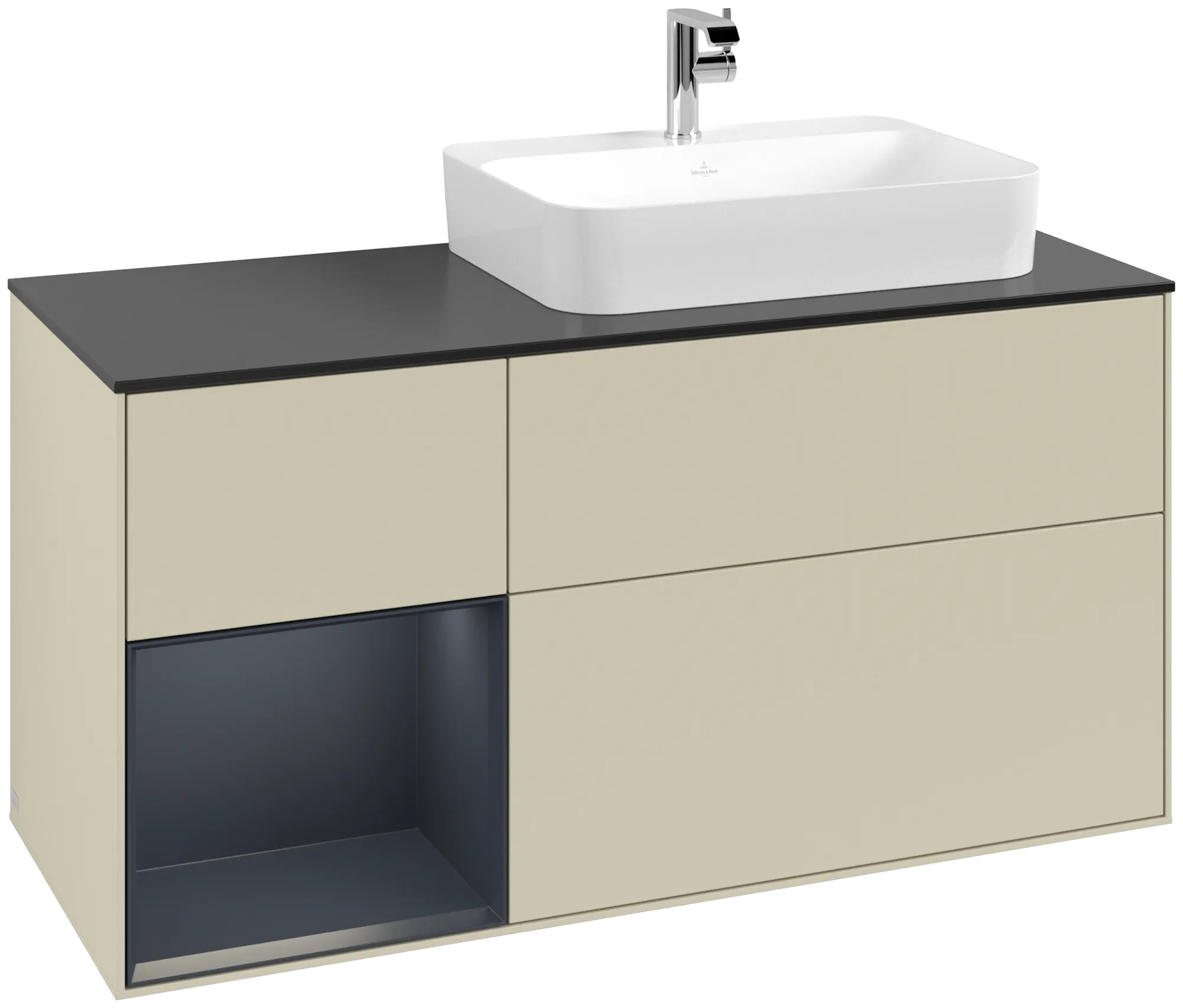 Picture of VILLEROY BOCH Finion Vanity unit, with lighting, 3 pull-out compartments, 1200 x 603 x 501 mm, Silk Grey Matt Lacquer / Midnight Blue Matt Lacquer / Glass Black Matt #G392HGHJ