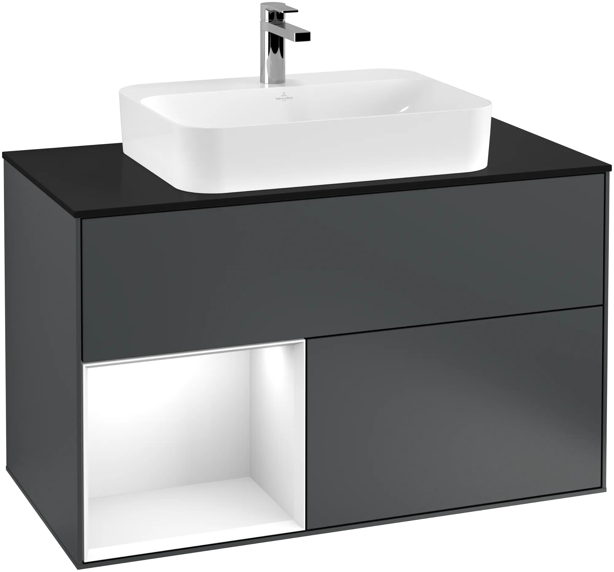 Bild von VILLEROY BOCH Finion Waschbeckenunterschrank, mit Beleuchtung, 2 Auszüge, 1000 x 603 x 501 mm, Midnight Blue Matt Lacquer / Glossy White Lacquer / Glass Black Matt #G362GFHG