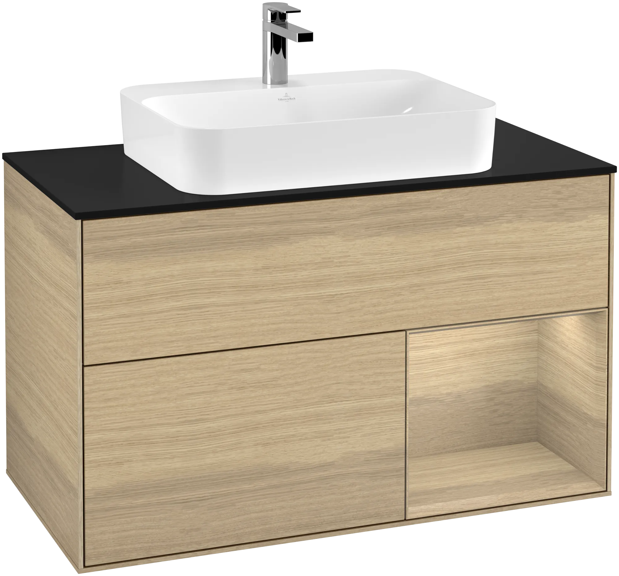 Bild von VILLEROY BOCH Finion Waschbeckenunterschrank, mit Beleuchtung, 2 Auszüge, 1000 x 603 x 501 mm, Oak Veneer / Oak Veneer / Glass Black Matt #G372PCPC