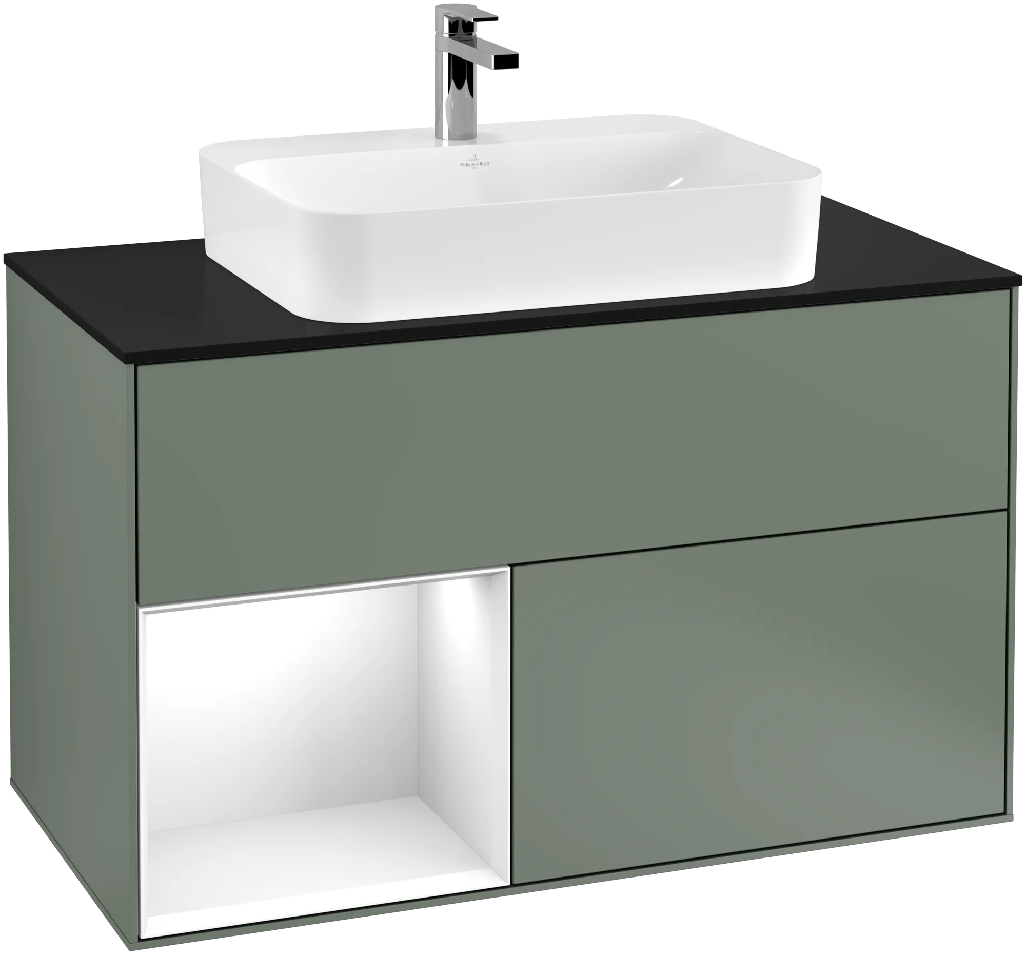 Bild von VILLEROY BOCH Finion Waschbeckenunterschrank, mit Beleuchtung, 2 Auszüge, 1000 x 603 x 501 mm, Olive Matt Lacquer / Glossy White Lacquer / Glass Black Matt #G362GFGM