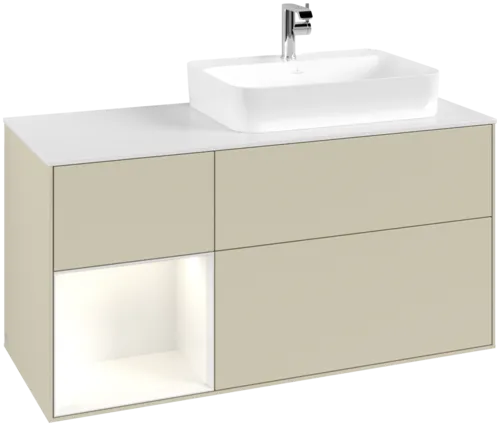 Bild von VILLEROY BOCH Finion Waschbeckenunterschrank, mit Beleuchtung, 3 Auszüge, 1200 x 603 x 501 mm, Silk Grey Matt Lacquer / Glossy White Lacquer / Glass White Matt #G391GFHJ
