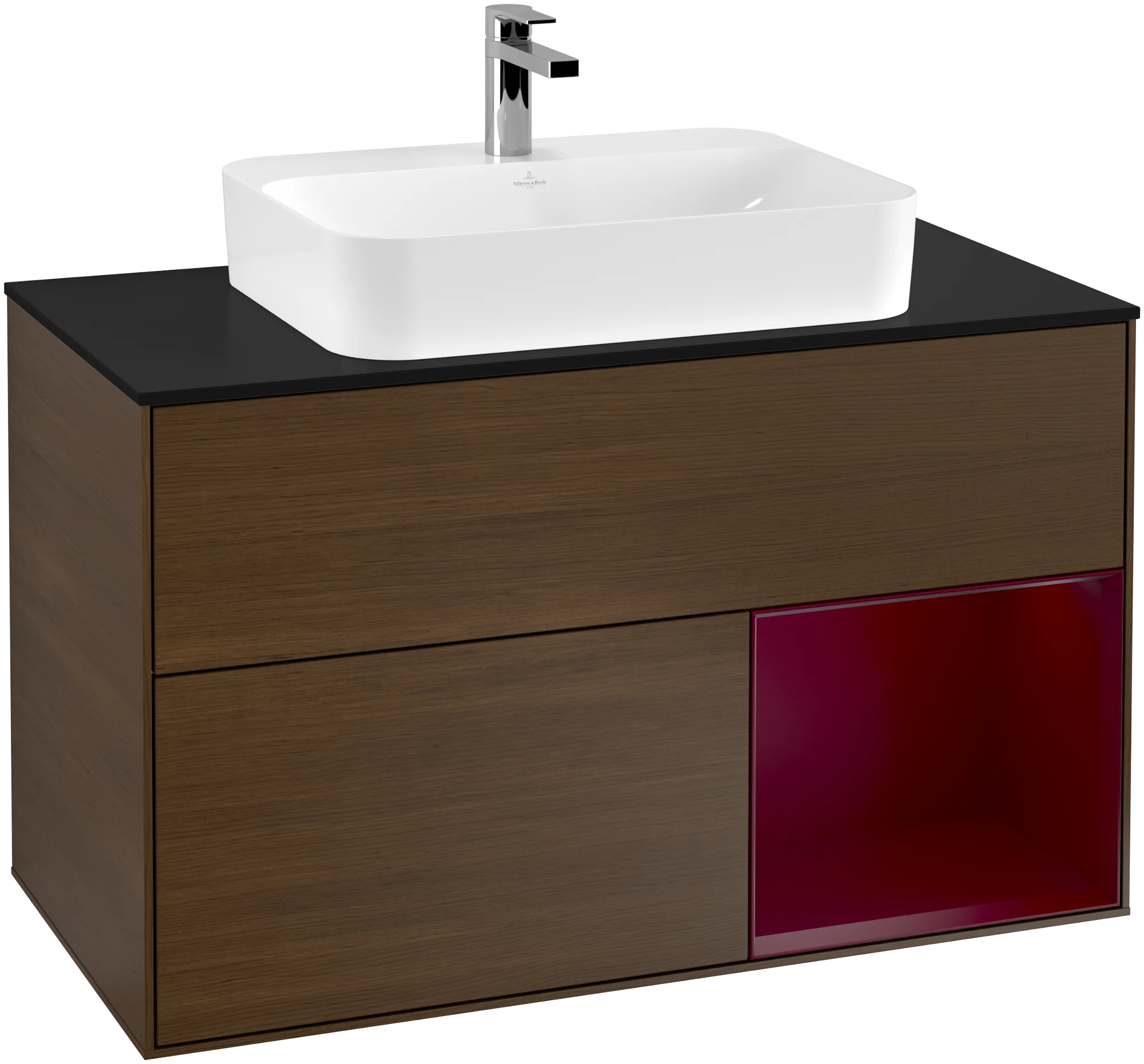 Bild von VILLEROY BOCH Finion Waschbeckenunterschrank, mit Beleuchtung, 2 Auszüge, 1000 x 603 x 501 mm, Walnut Veneer / Peony Matt Lacquer / Glass Black Matt #G372HBGN