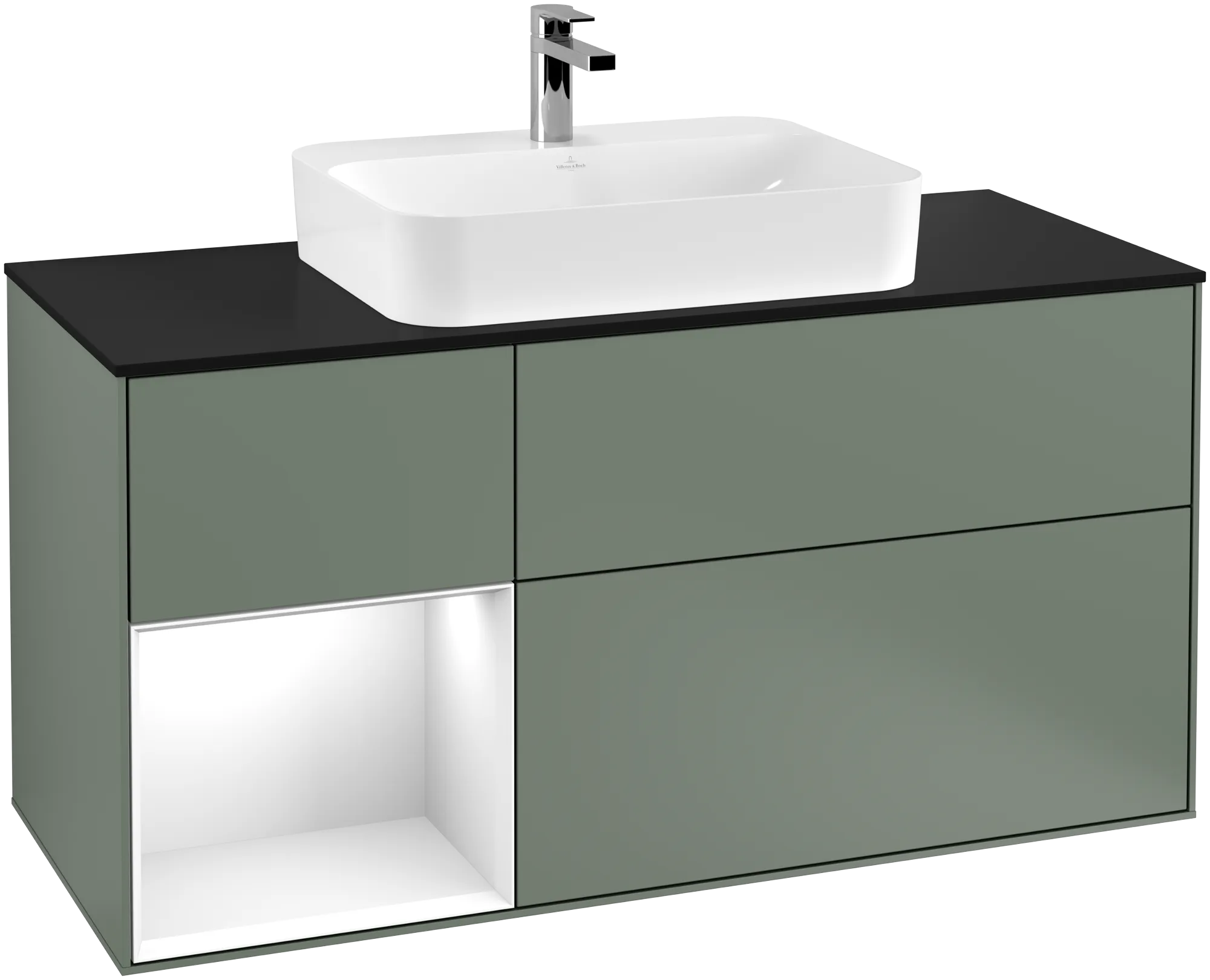 Bild von VILLEROY BOCH Finion Waschbeckenunterschrank, mit Beleuchtung, 3 Auszüge, 1200 x 603 x 501 mm, Olive Matt Lacquer / Glossy White Lacquer / Glass Black Matt #G412GFGM