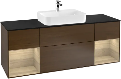 Bild von VILLEROY BOCH Finion Waschbeckenunterschrank, mit Beleuchtung, 4 Auszüge, 1600 x 603 x 501 mm, Walnut Veneer / Oak Veneer / Glass Black Matt #G452PCGN