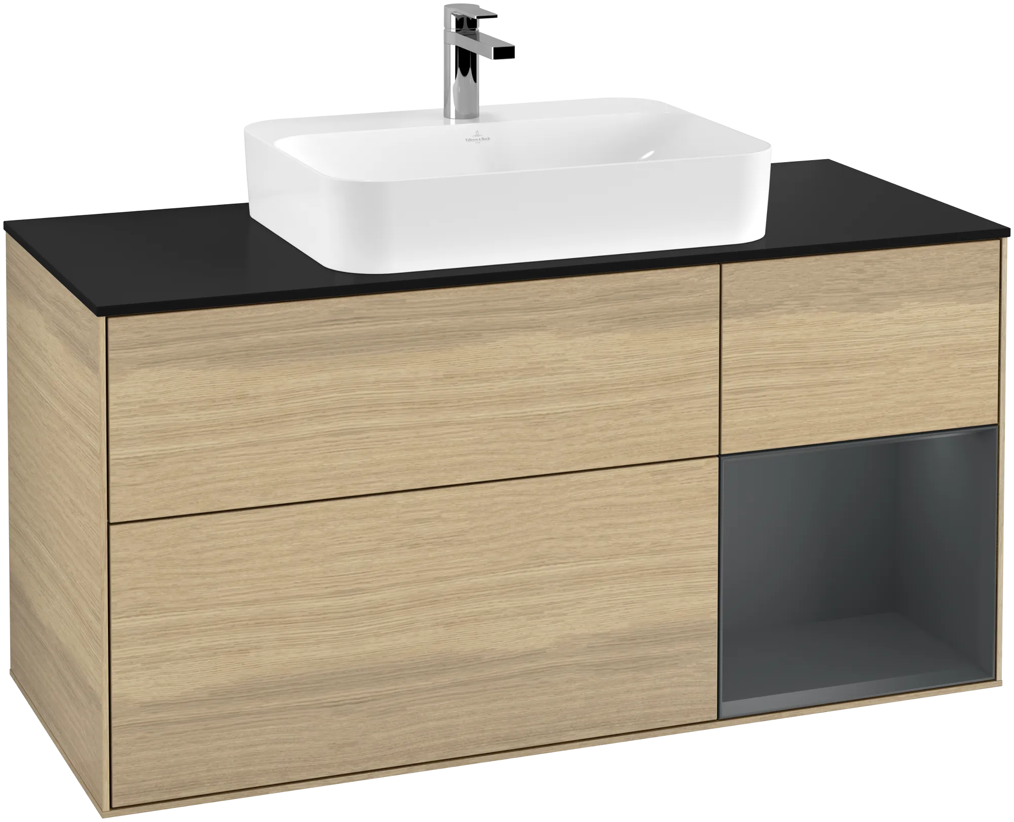 Bild von VILLEROY BOCH Finion Waschbeckenunterschrank, mit Beleuchtung, 3 Auszüge, 1200 x 603 x 501 mm, Oak Veneer / Midnight Blue Matt Lacquer / Glass Black Matt #G422HGPC