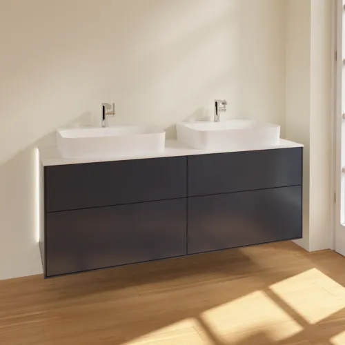 Picture of VILLEROY BOCH Finion Vanity unit, with lighting, 4 pull-out compartments, 1600 x 603 x 501 mm, Midnight Blue Matt Lacquer / Glass White Matt #G43100HG