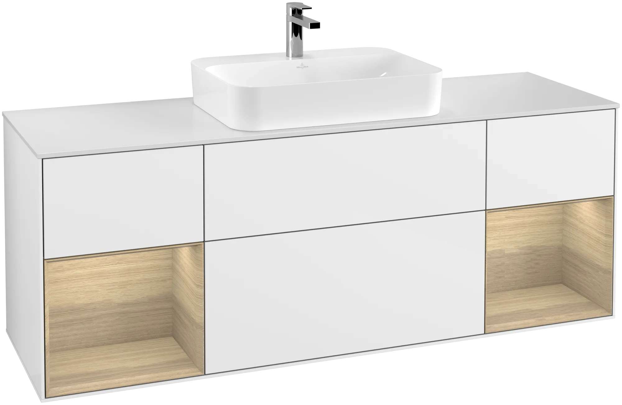 Bild von VILLEROY BOCH Finion Waschbeckenunterschrank, mit Beleuchtung, 4 Auszüge, 1600 x 603 x 501 mm, Glossy White Lacquer / Oak Veneer / Glass White Matt #G451PCGF