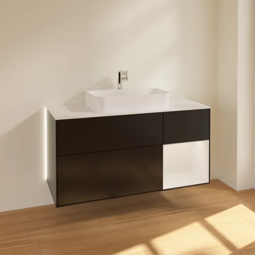 Bild von VILLEROY BOCH Finion Waschbeckenunterschrank, mit Beleuchtung, 3 Auszüge, 1200 x 603 x 501 mm, Black Matt Lacquer / Glossy White Lacquer / Glass White Matt #G421GFPD