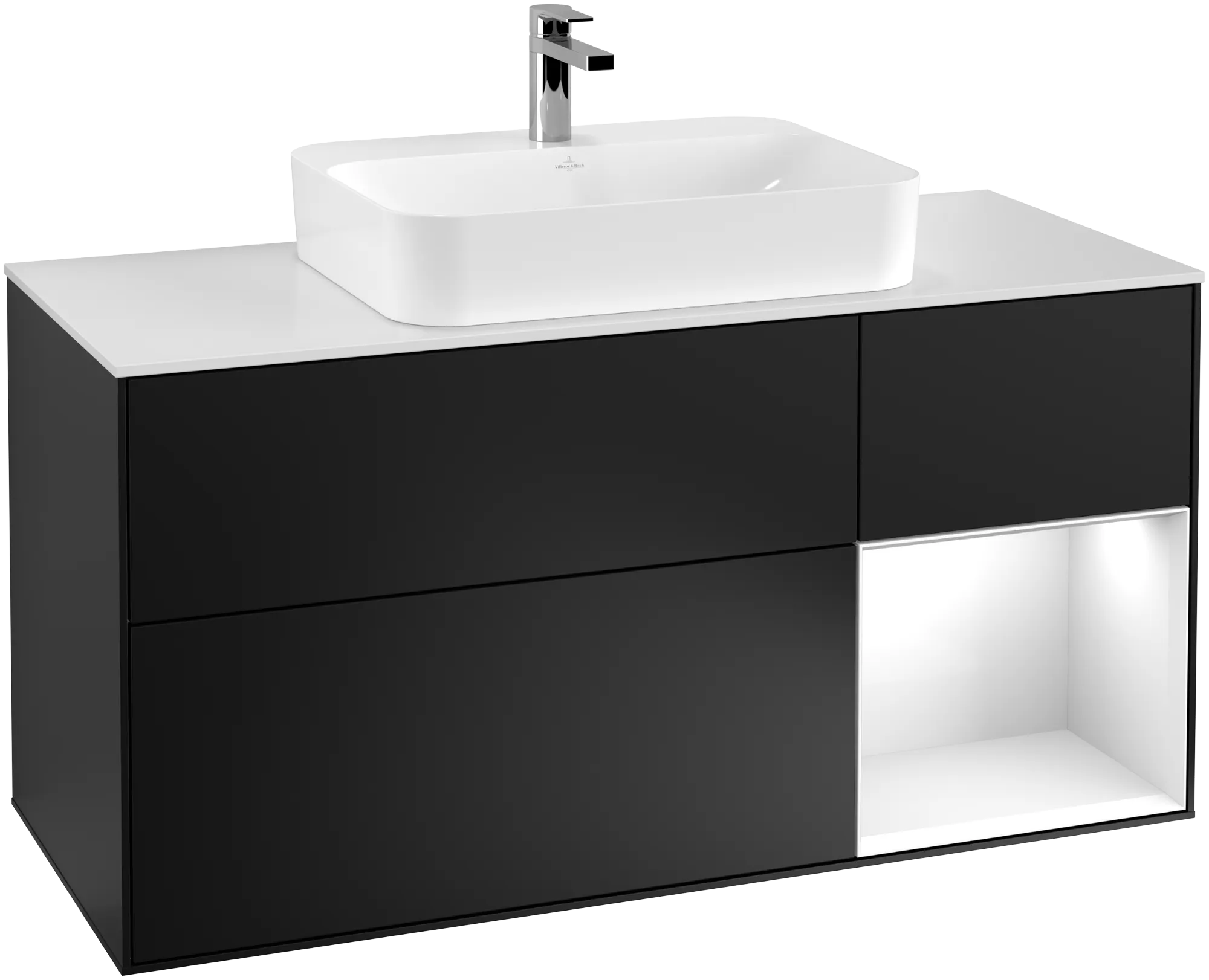 Bild von VILLEROY BOCH Finion Waschbeckenunterschrank, mit Beleuchtung, 3 Auszüge, 1200 x 603 x 501 mm, Black Matt Lacquer / Glossy White Lacquer / Glass White Matt #G421GFPD