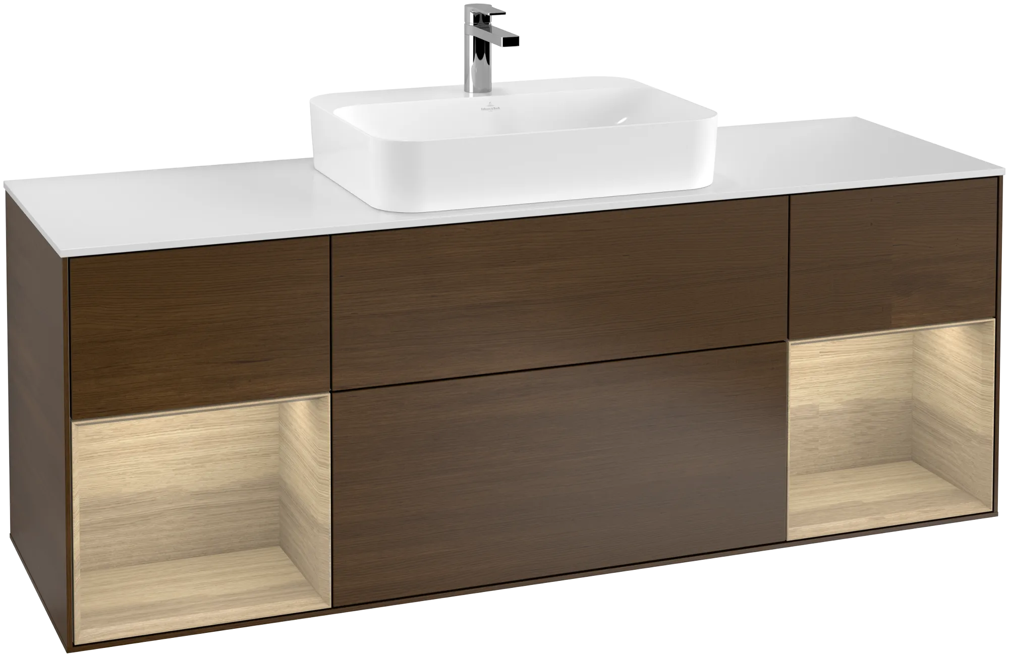 Bild von VILLEROY BOCH Finion Waschbeckenunterschrank, mit Beleuchtung, 4 Auszüge, 1600 x 603 x 501 mm, Walnut Veneer / Oak Veneer / Glass White Matt #G451PCGN
