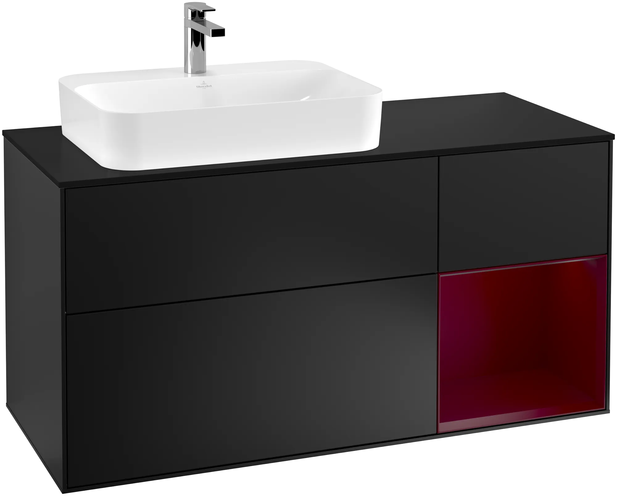 Bild von VILLEROY BOCH Finion Waschbeckenunterschrank, mit Beleuchtung, 3 Auszüge, 1200 x 603 x 501 mm, Black Matt Lacquer / Peony Matt Lacquer / Glass Black Matt #G402HBPD