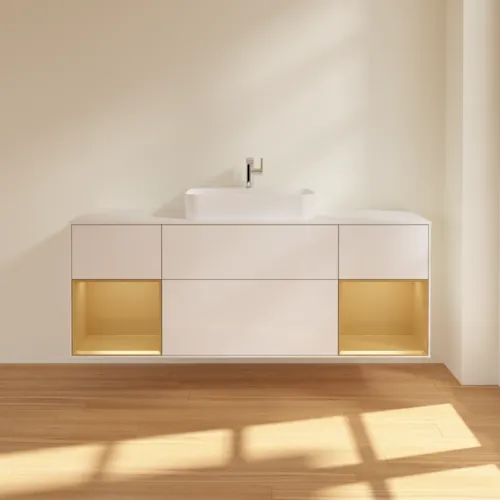 Bild von VILLEROY BOCH Finion Waschbeckenunterschrank, mit Beleuchtung, 4 Auszüge, 1600 x 603 x 501 mm, Glossy White Lacquer / Gold Matt Lacquer / Glass White Matt #G451HFGF