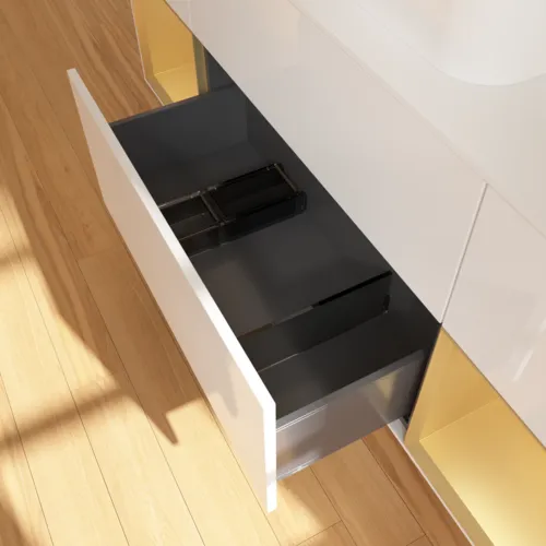 Bild von VILLEROY BOCH Finion Waschbeckenunterschrank, mit Beleuchtung, 4 Auszüge, 1600 x 603 x 501 mm, Glossy White Lacquer / Gold Matt Lacquer / Glass White Matt #G451HFGF