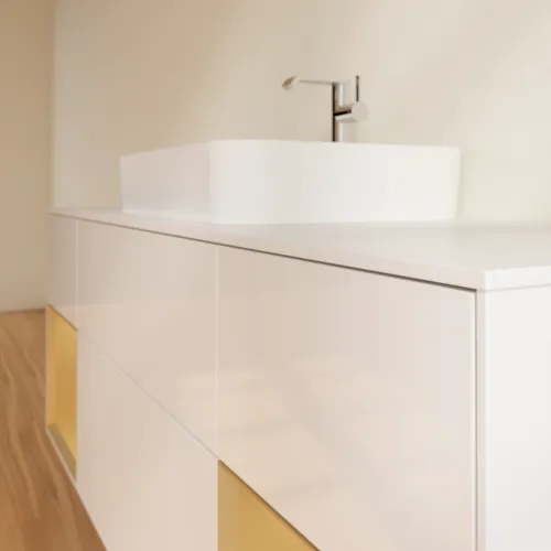 Bild von VILLEROY BOCH Finion Waschbeckenunterschrank, mit Beleuchtung, 4 Auszüge, 1600 x 603 x 501 mm, Glossy White Lacquer / Gold Matt Lacquer / Glass White Matt #G451HFGF