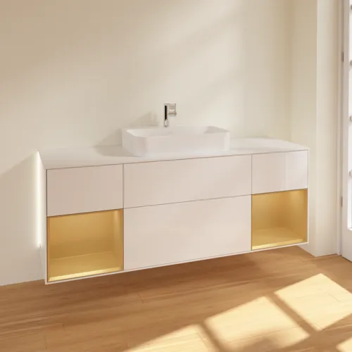 Bild von VILLEROY BOCH Finion Waschbeckenunterschrank, mit Beleuchtung, 4 Auszüge, 1600 x 603 x 501 mm, Glossy White Lacquer / Gold Matt Lacquer / Glass White Matt #G451HFGF