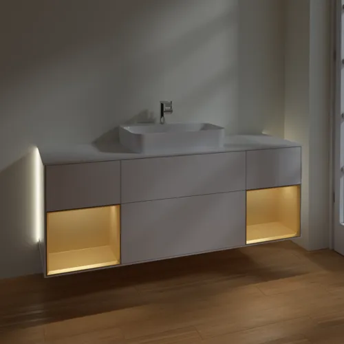 Bild von VILLEROY BOCH Finion Waschbeckenunterschrank, mit Beleuchtung, 4 Auszüge, 1600 x 603 x 501 mm, Glossy White Lacquer / Gold Matt Lacquer / Glass White Matt #G451HFGF
