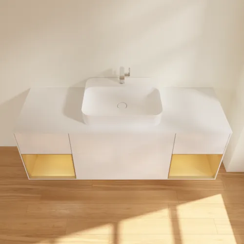Bild von VILLEROY BOCH Finion Waschbeckenunterschrank, mit Beleuchtung, 4 Auszüge, 1600 x 603 x 501 mm, Glossy White Lacquer / Gold Matt Lacquer / Glass White Matt #G451HFGF