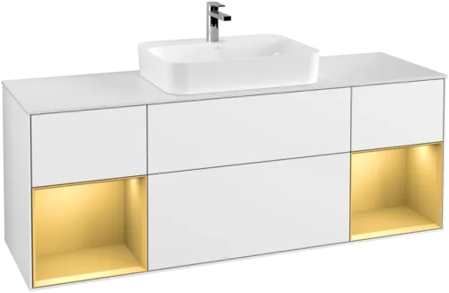 Bild von VILLEROY BOCH Finion Waschbeckenunterschrank, mit Beleuchtung, 4 Auszüge, 1600 x 603 x 501 mm, Glossy White Lacquer / Gold Matt Lacquer / Glass White Matt #G451HFGF