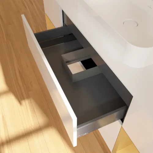 Bild von VILLEROY BOCH Finion Waschbeckenunterschrank, mit Beleuchtung, 4 Auszüge, 1600 x 603 x 501 mm, Glossy White Lacquer / Gold Matt Lacquer / Glass White Matt #G451HFGF