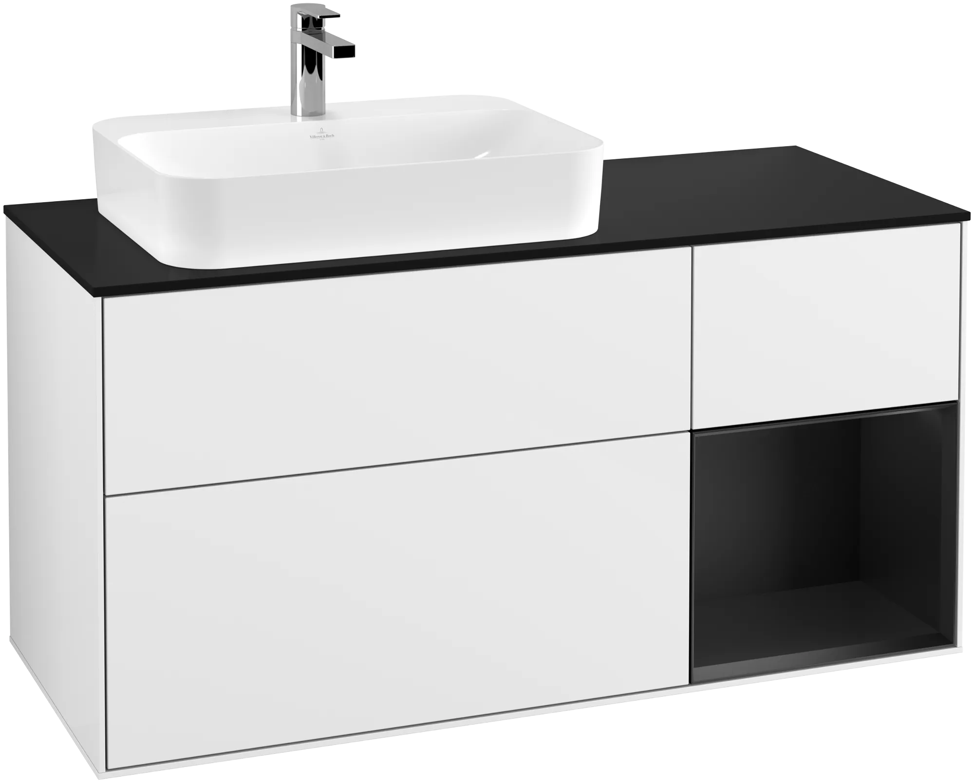 Bild von VILLEROY BOCH Finion Waschbeckenunterschrank, mit Beleuchtung, 3 Auszüge, 1200 x 603 x 501 mm, Glossy White Lacquer / Black Matt Lacquer / Glass Black Matt #G402PDGF
