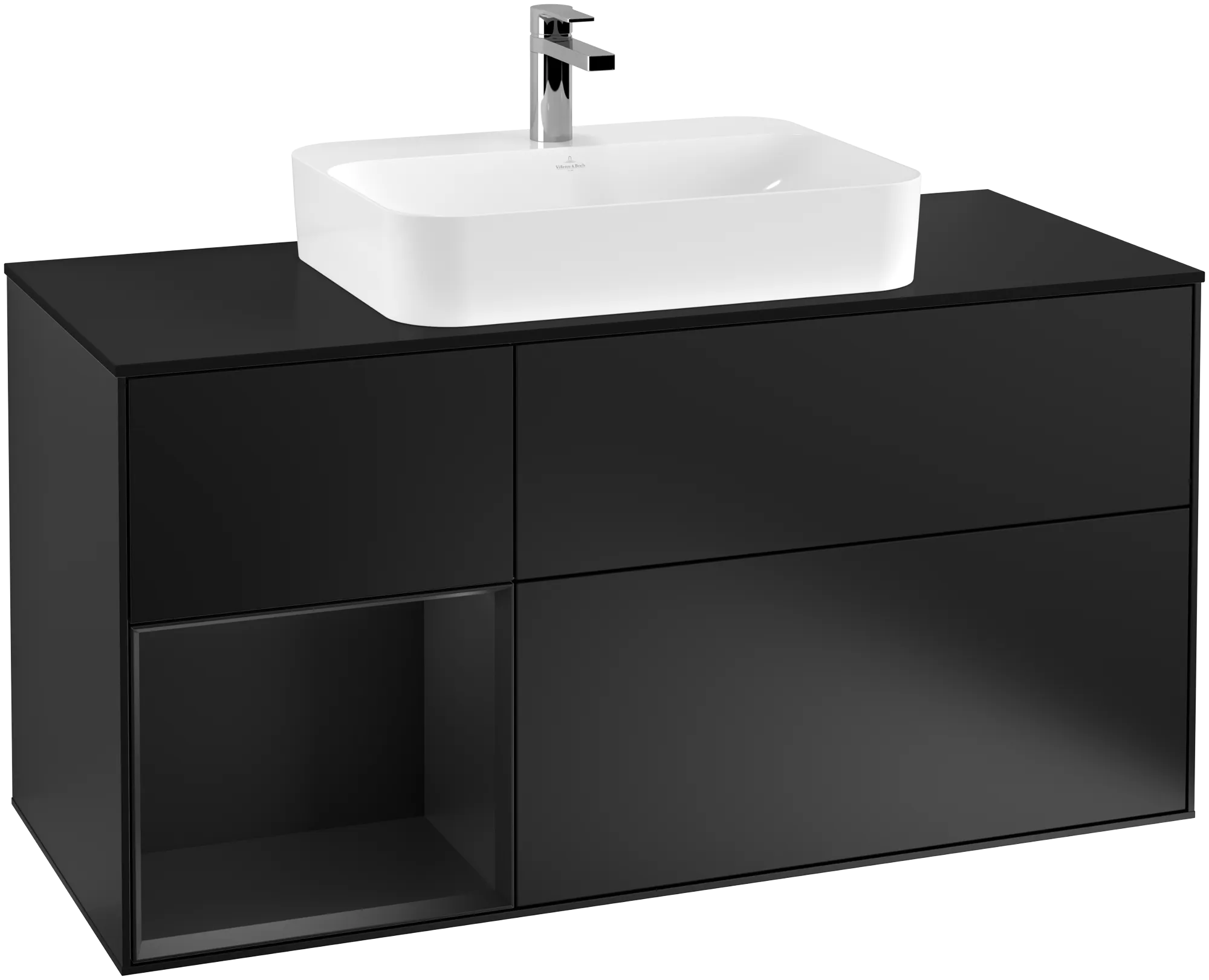 Bild von VILLEROY BOCH Finion Waschbeckenunterschrank, mit Beleuchtung, 3 Auszüge, 1200 x 603 x 501 mm, Black Matt Lacquer / Black Matt Lacquer / Glass Black Matt #G412PDPD