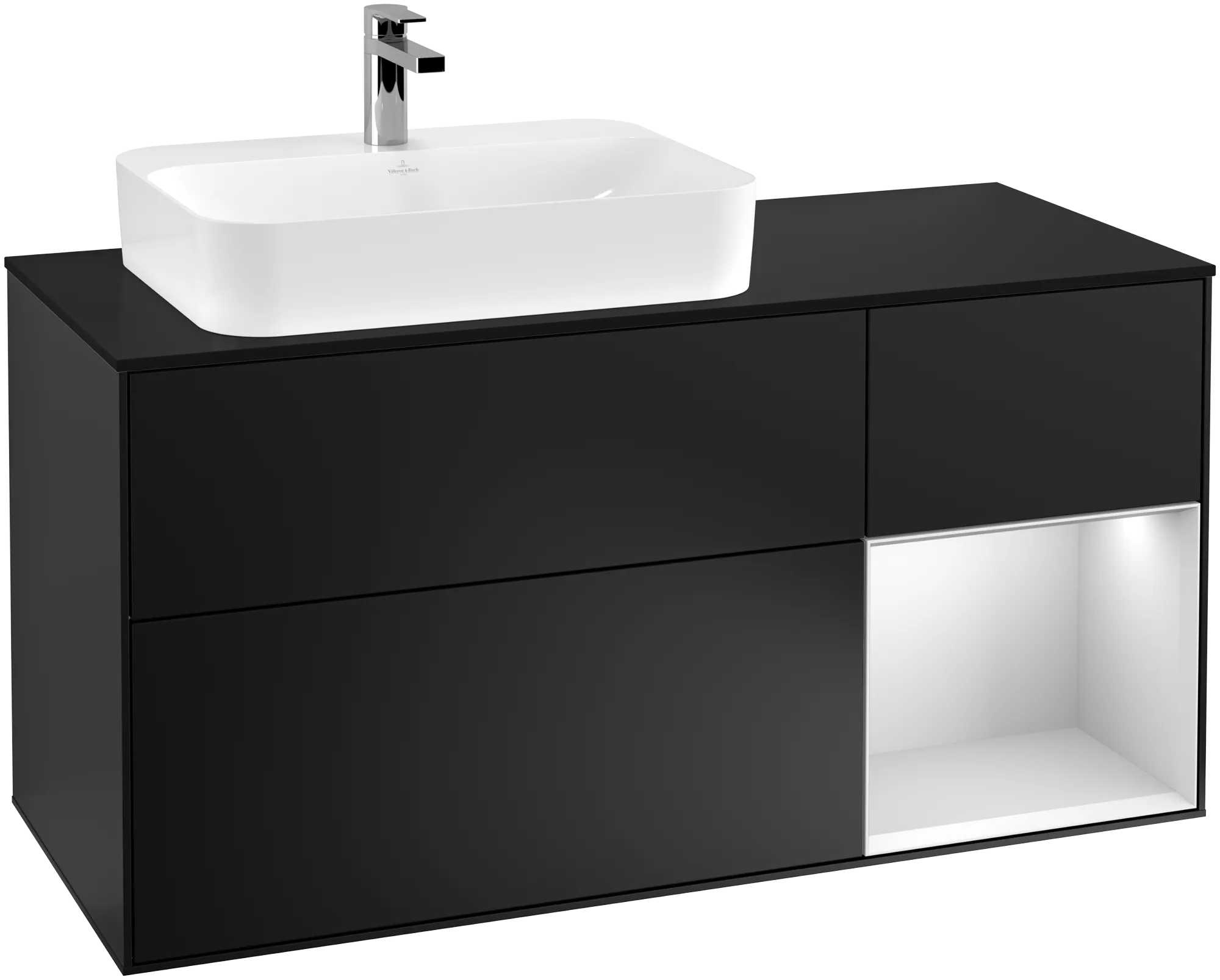 Obrázek VILLEROY BOCH Finion Vanity unit, with lighting, 3 pull-out compartments, 1200 x 603 x 501 mm, Black Matt Lacquer / White Matt Lacquer / Glass Black Matt #G402MTPD