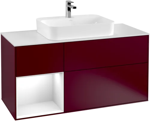 Bild von VILLEROY BOCH Finion Waschbeckenunterschrank, mit Beleuchtung, 3 Auszüge, 1200 x 603 x 501 mm, Peony Matt Lacquer / Glossy White Lacquer / Glass White Matt #G411GFHB